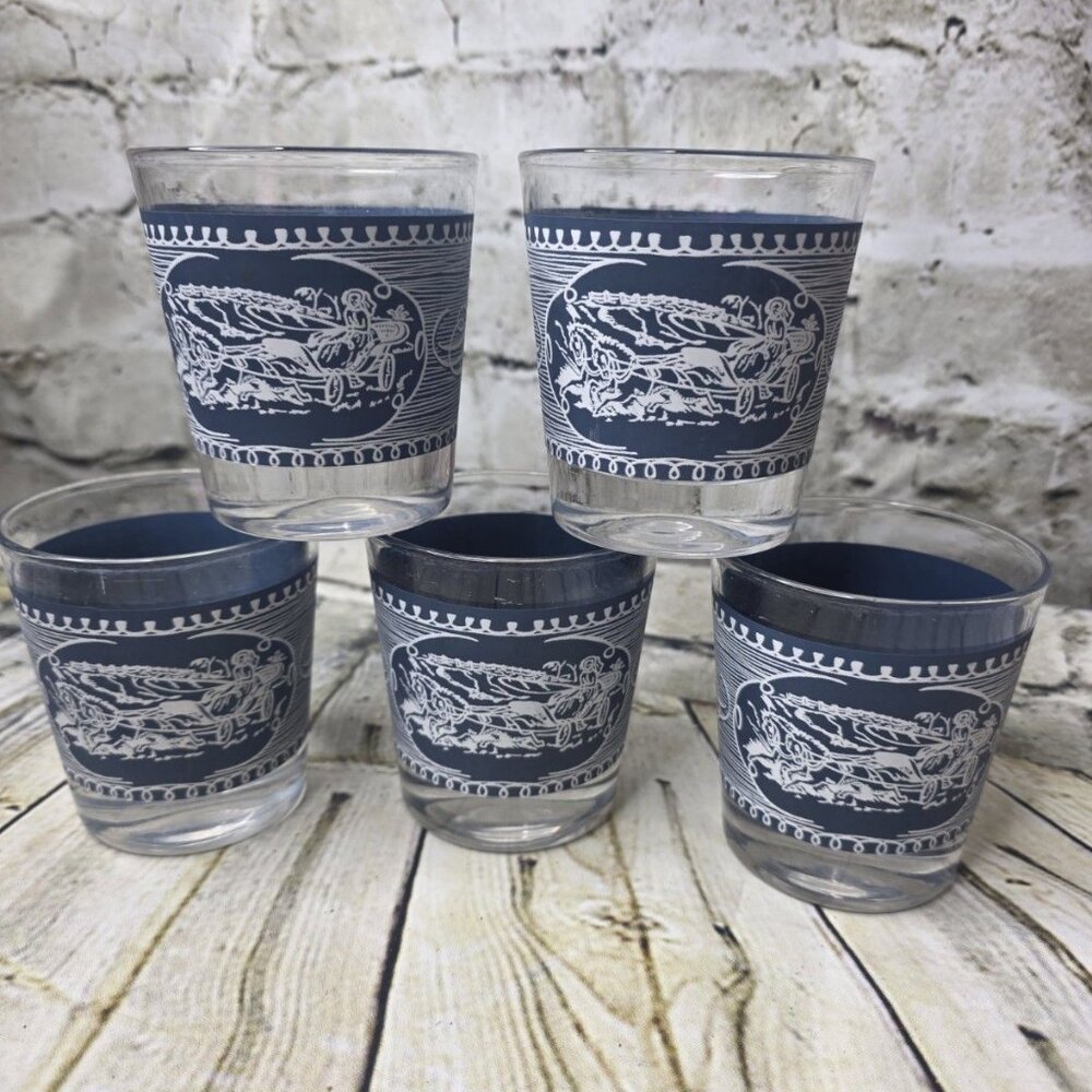 5 Vintage Currier & Ives Royal China Old Fashioned Rocks Glasses Blue 3.5 x 3"